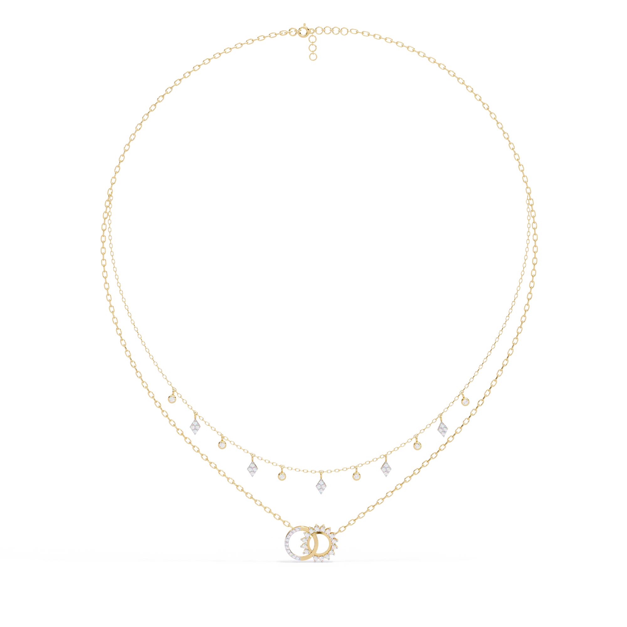 Round Diamond Charm Necklace – Layered Sun & Interlocking Ring Motif